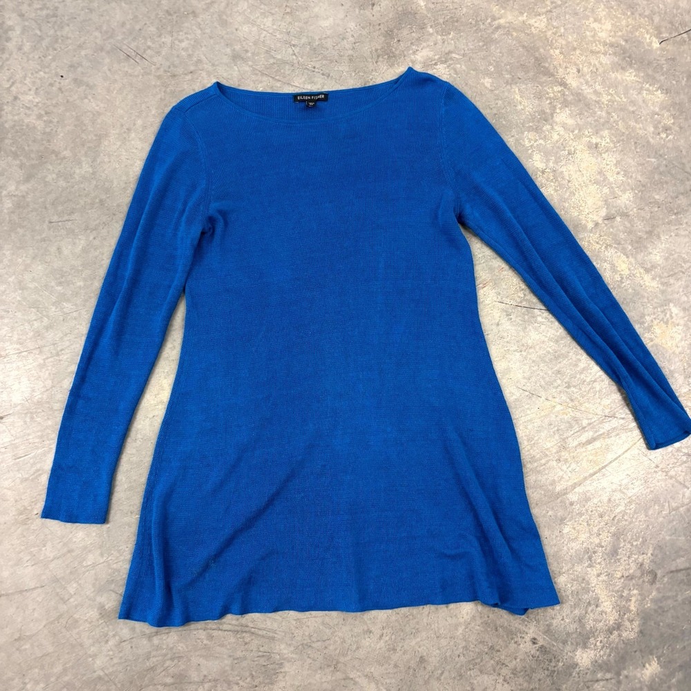 Eileen Fisher Blue Organic Linen Knit Tunic Sweater Womens Small Long Sleeve Boa